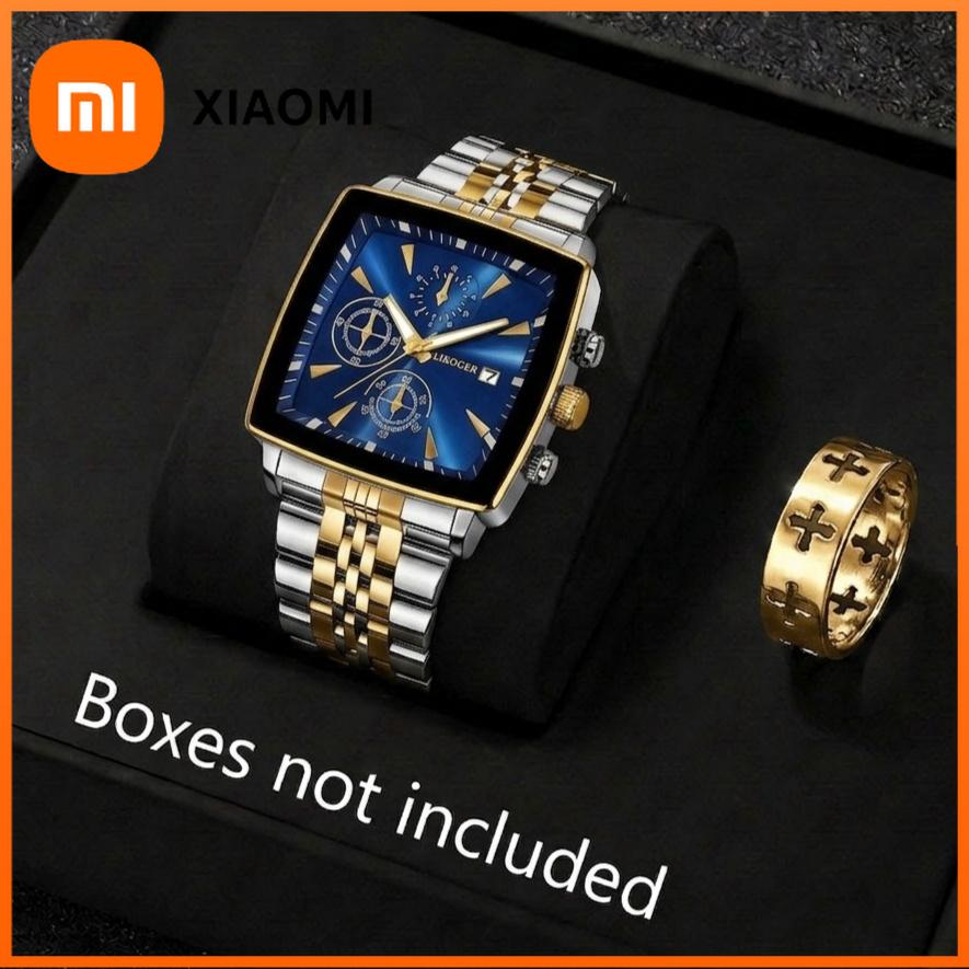 Xiaomi 2 шт. Модные Мужские Кварцевые Часы с Квадратным Циферблатом Кольцо Набор Нержавеющая Сталь Мужские Деловые Часы с Календарем Reloj Hombre (Без коробки)