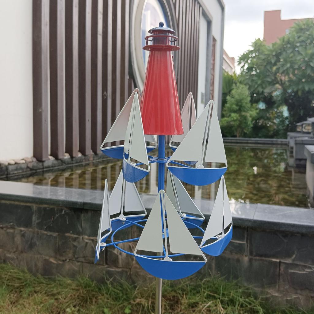 Outdoor Nautical Sailboat Lighthouse Windmill Modeling Garden Windmill Kinetic Art Metal Wind Chime 3D Decoration