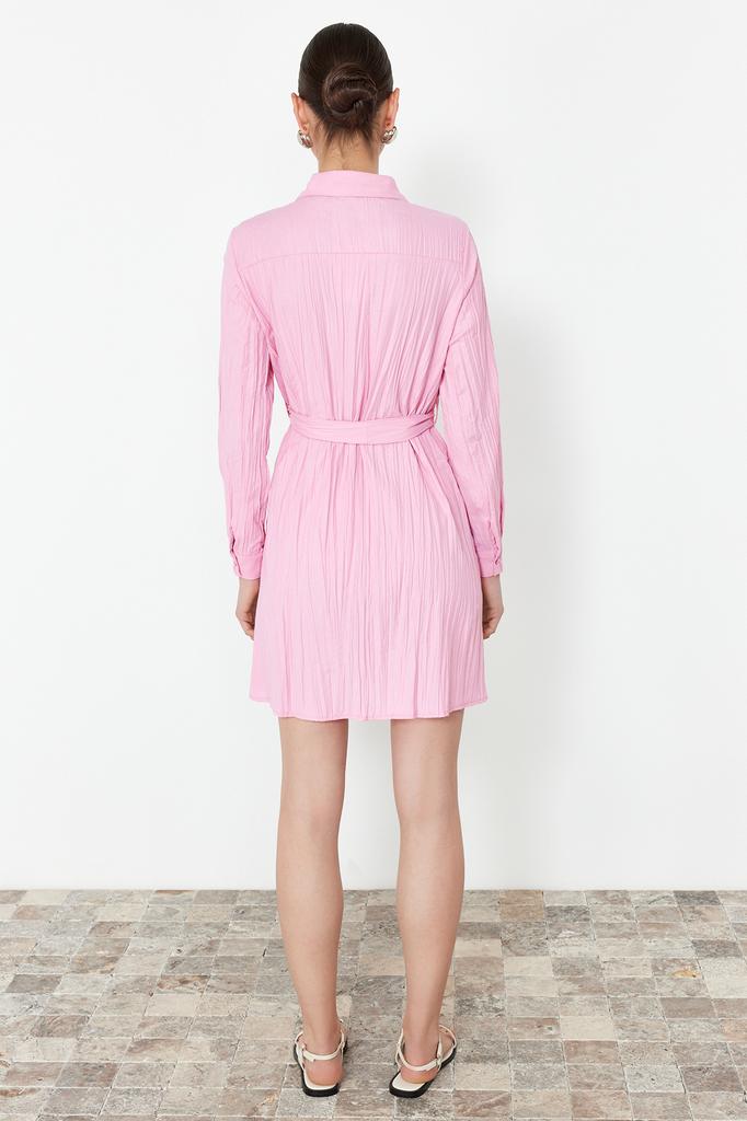 Women's Fashion New Dress Green Belted Fabric Textured Mini Woven Shirt Dress