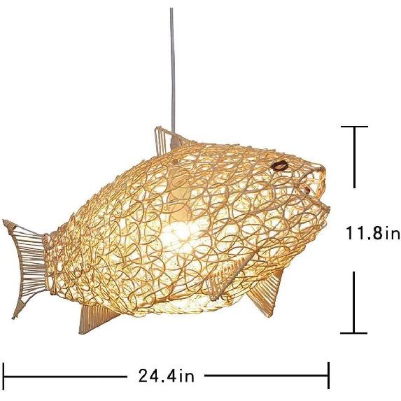24-дюймовый плетеный натуральный ротанговый подвесной потолочный светильник в форме рыбы, подвесной светильник-фонарь, ротанговый свет, для столовой, гостиной, ресторана, плетеный