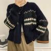 Spring and Autumn Ladies Fashion Loose Round Neck Jacquard Knitted Cardigan