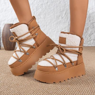 Новые осенне-зимние ботинки на толстой подошве с перекрестной шнуровкой, утепленные полусапоги до колена средней длины, женские теплые ботинки