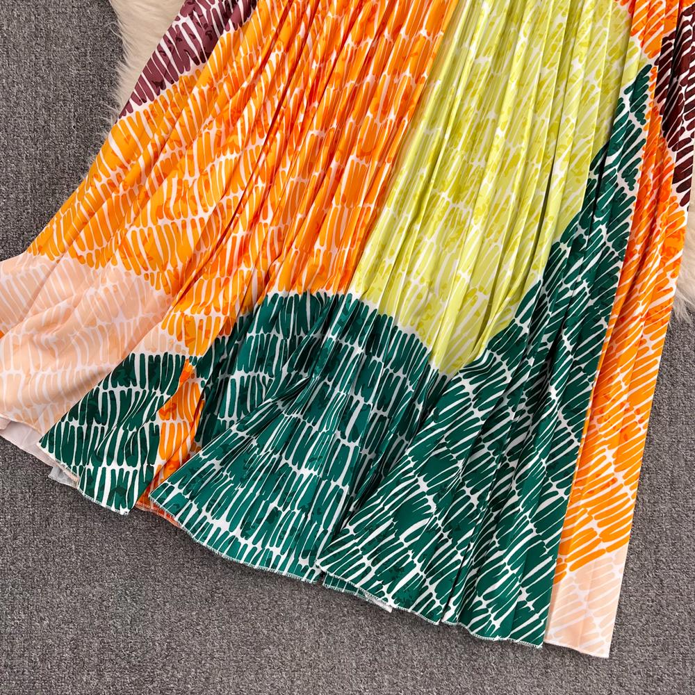 Женский модный комплект с круглым вырезом, тонкий короткий топ из двух частей, плиссированная юбка-трапеция с высокой талией и принтом