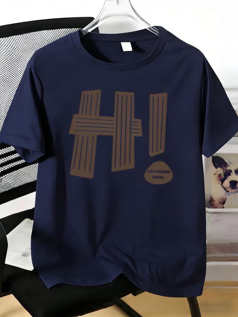 Unisexs Tee Striped Hi Letter Happiness Text Print Cotton Short Sleeve Male Casual Streetwear Outdoor Daily Basic Fashion Top