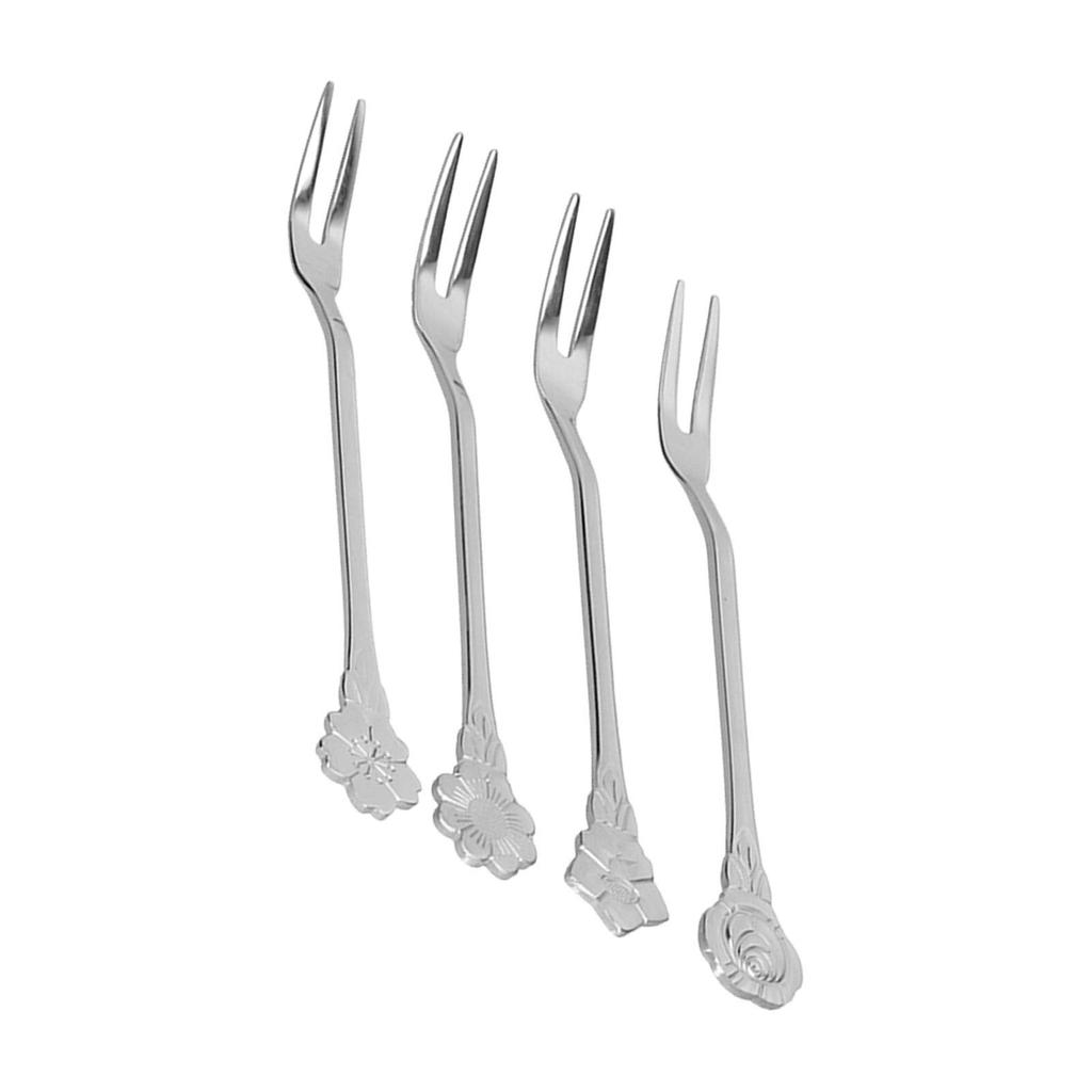 4pcs 2 Prong Fruit Fork Stainless Steel Mini Salad Fruit Dessert Tasting Forks for Home Kitchen PartySilver