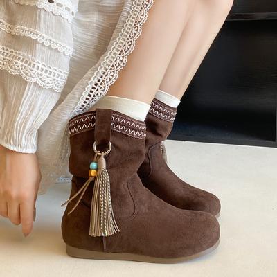 Французский сказочный стиль, бахрома, модные ботинки 2025 осень и зима, новые, толстый каблук, уличная одежда, универсальные, увеличивающие рост, короткие ботинки
