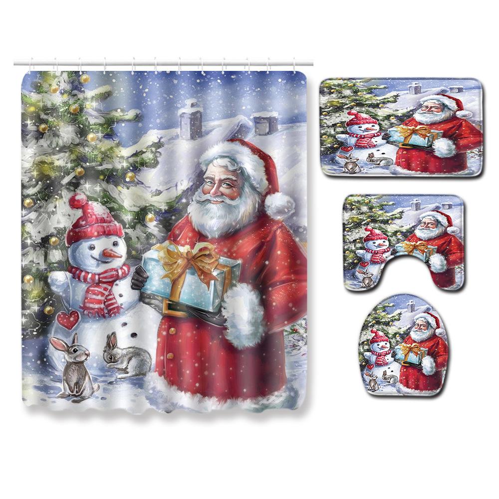 Christmas Shower Curtain Floor Mat Combination Four-Piece Set Bathroom Toilet Carpet Shower Room Mat Foot Mat