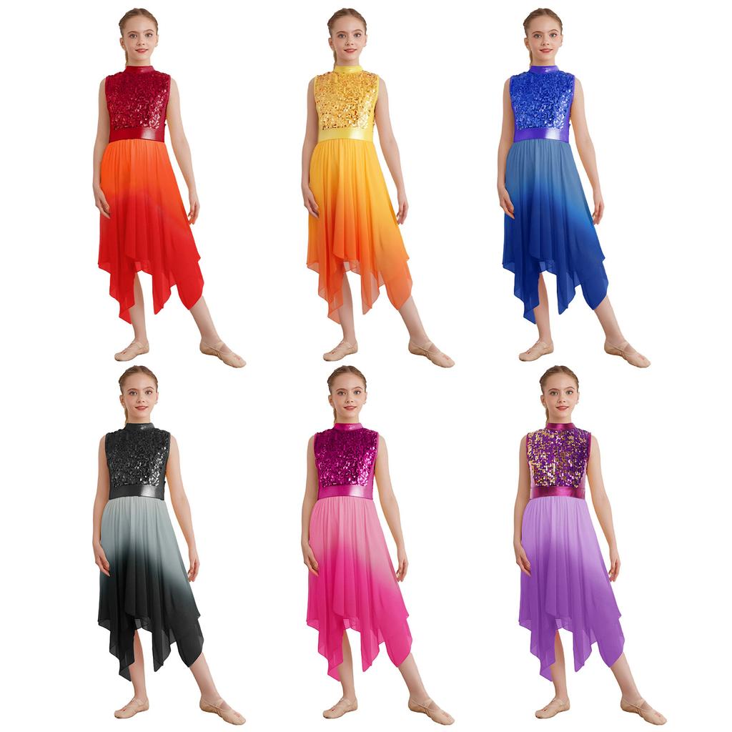 Girls Worship Dance Dress Mock Neck Sleeveless Asymmetrical Hem Shiny Sequins Bodice Liturgical Costume