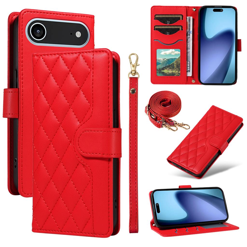 For iPhone 17 Air Wallet Case Rhombus Leather Phone Cover with Strap