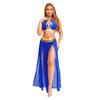 Women's Sequin Tassel Belly Dance Set - Halter Backless Crop Top & Split Mesh Skirt for Halloween