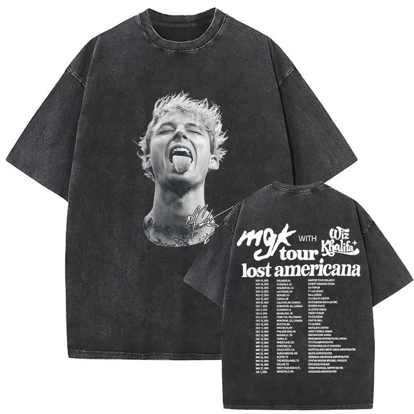 Футболки рэпера MGK Lost Americana Tour 2026 Machine Gun Kelly Винтажная стираная футболка с принтом Мужская хип-хоп футболка с коротким рукавом