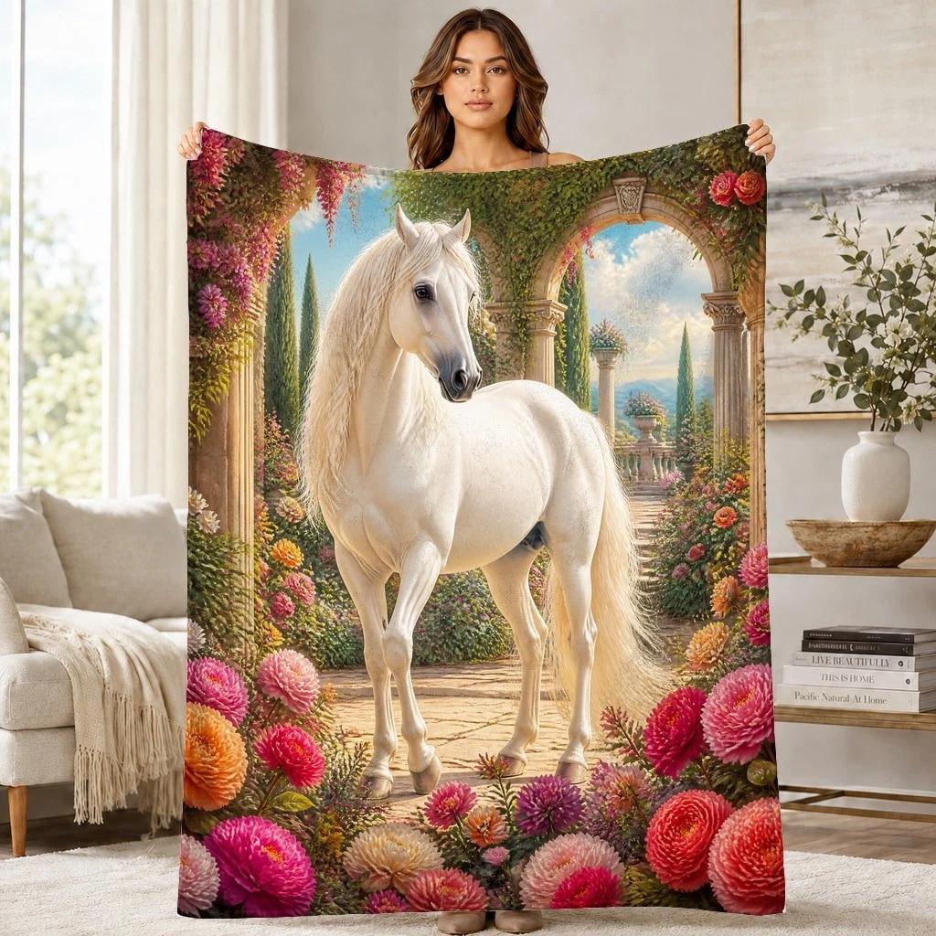 White Horse Flower Garden Coral Fleece Blanket Floral Farm Decor