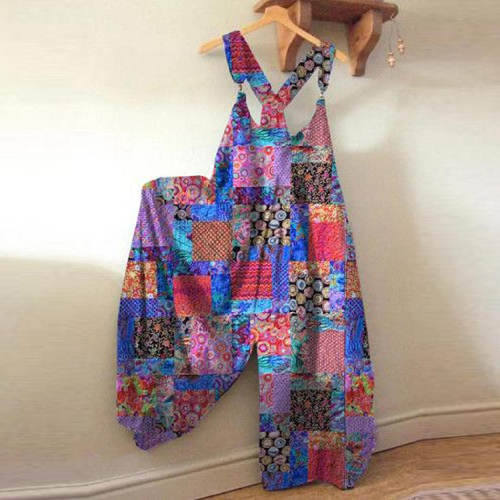 Women's Plus Size Fashion Printed Loose Casual Strap Back Wide Leg Jumpsuit