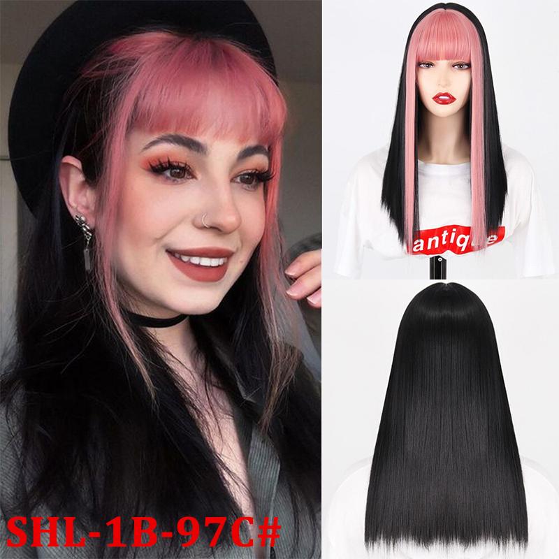 MERISIHAIR Women Straight Mixed Color Hair Wig with Bangs Black Hair with Blond Red Purple Pink Bangs Synthetic Fiber Cosplay Party Wig