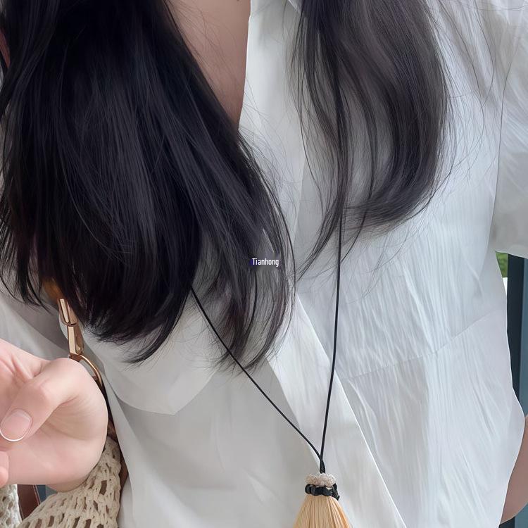 Handmade Raffia Straw Broom Tassel Necklace for Women - Simple Black Cord Fashion Accessory