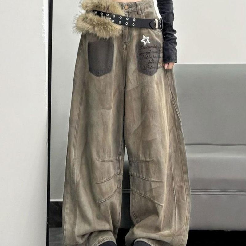 Стиль Пустоши Тай-дай Винтажные Джинсы Мешковатые Широкие Штаны Женская Одежда Хай-стрит Брюки С Принтом Звезды Буквы Джинсовые Брюки Новые