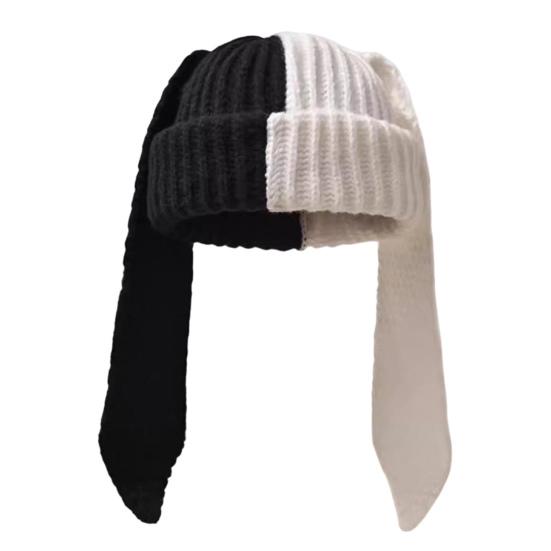 Зимняя вязаная шапка с длинными заячьими ушками, контрастного цвета, унисекс, плотная, теплая, высокоэластичная, ветрозащитная