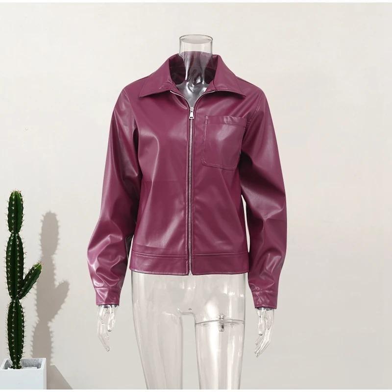 Весна и осень женская куртка с длинным рукавом из искусственной кожи с лацканами на молнии в стиле ретро, мотоциклетное пальто, свободная повседневная модная уличная одежда