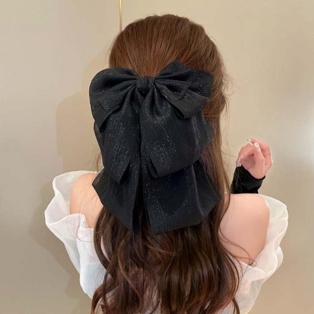 Elegant Black Bow Shark Clip French Style Women Sequin Hairgrips Shiny Rhinestone Hair Claw  Female