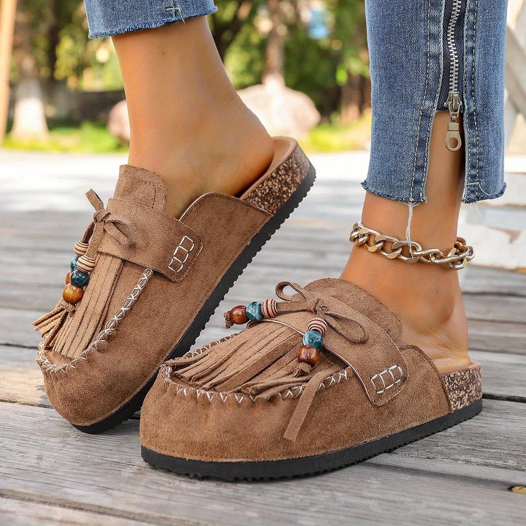 Женские винтажные шлепанцы Birkenstock с кисточками - Круглый носок, без застежки, мюли на толстой мягкой подошве для лета