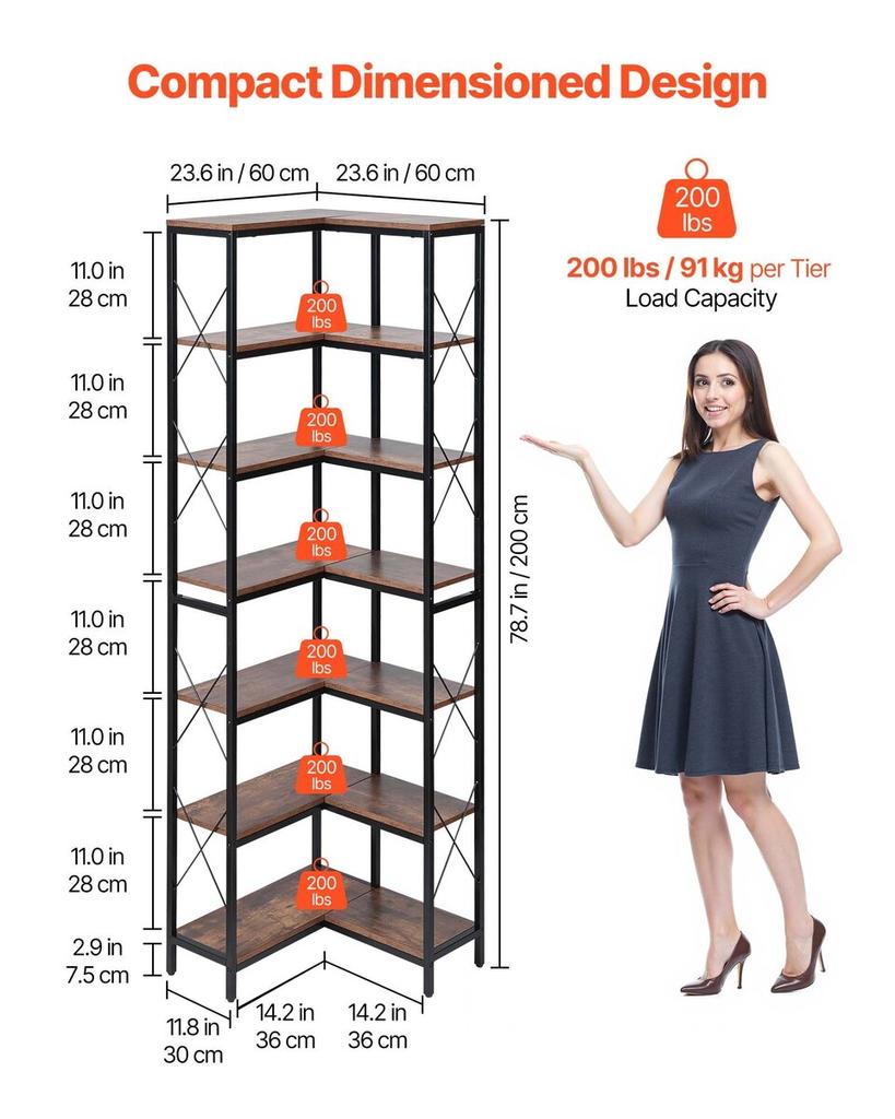 7 Tier Corner Bookshelf, Tall Corner Bookcase Strage, Large L-Shaped Bookshelf Organizer with Metal Frame & Wooden Shelves, Reversible Display Book
