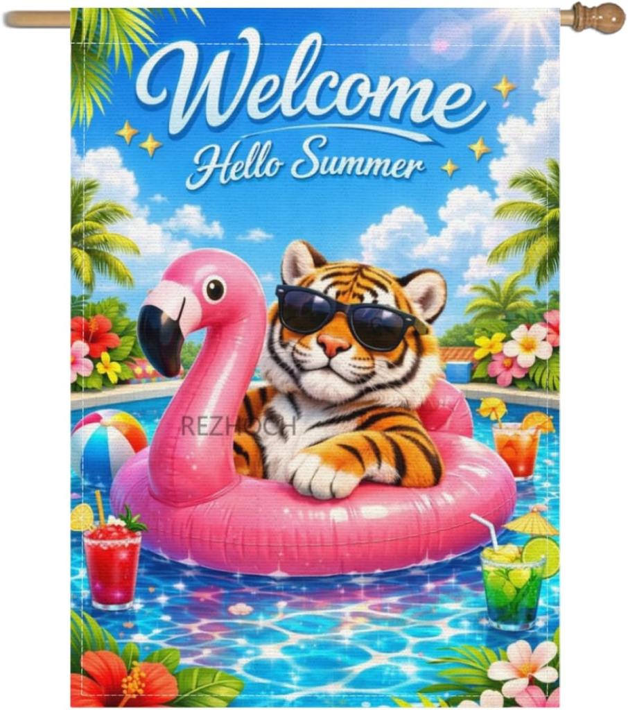 Welcome Hello Summer Funny Tiger Garden ag Double Sided,Cute Animal Pool Party amingo oat Outdoor Yard Deco