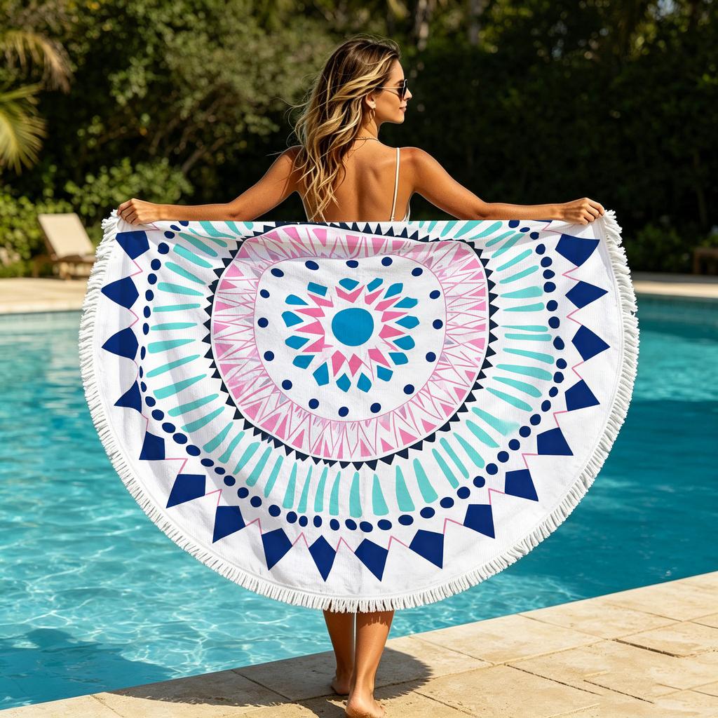 Customized Digital Printing Large Bohemian Floral Terry Microfiber Knitted Round Beach Towel for Summer Home Use