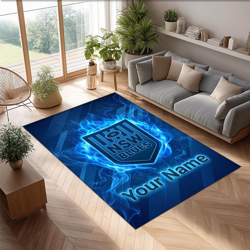NSW Blues logo Crystal Velvet Rug, Custom Name Text Personalized Non‑Slip Floor Mat for Home Decor Gift