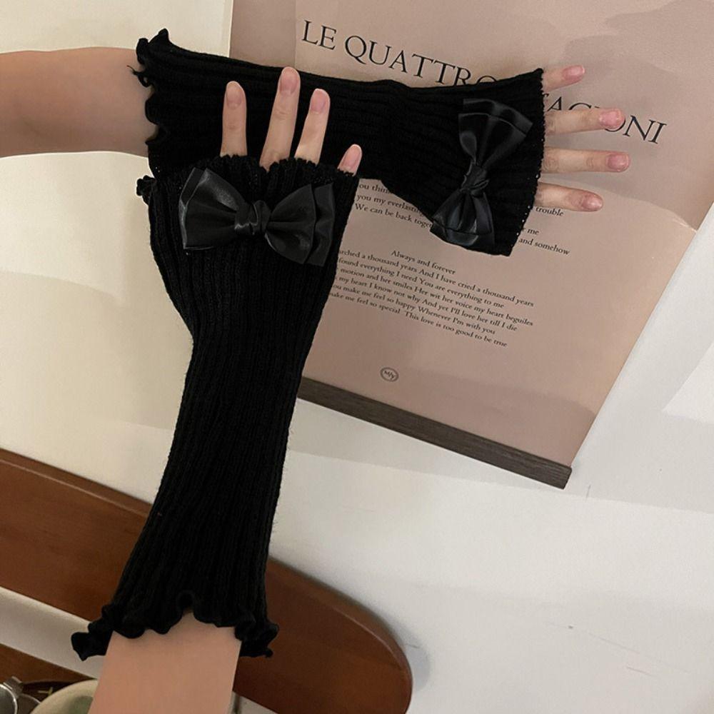 Solid Color Knitted Bow Gloves Y2k Fingerless Gloves Casual Wool Sleeve Cuff Winter