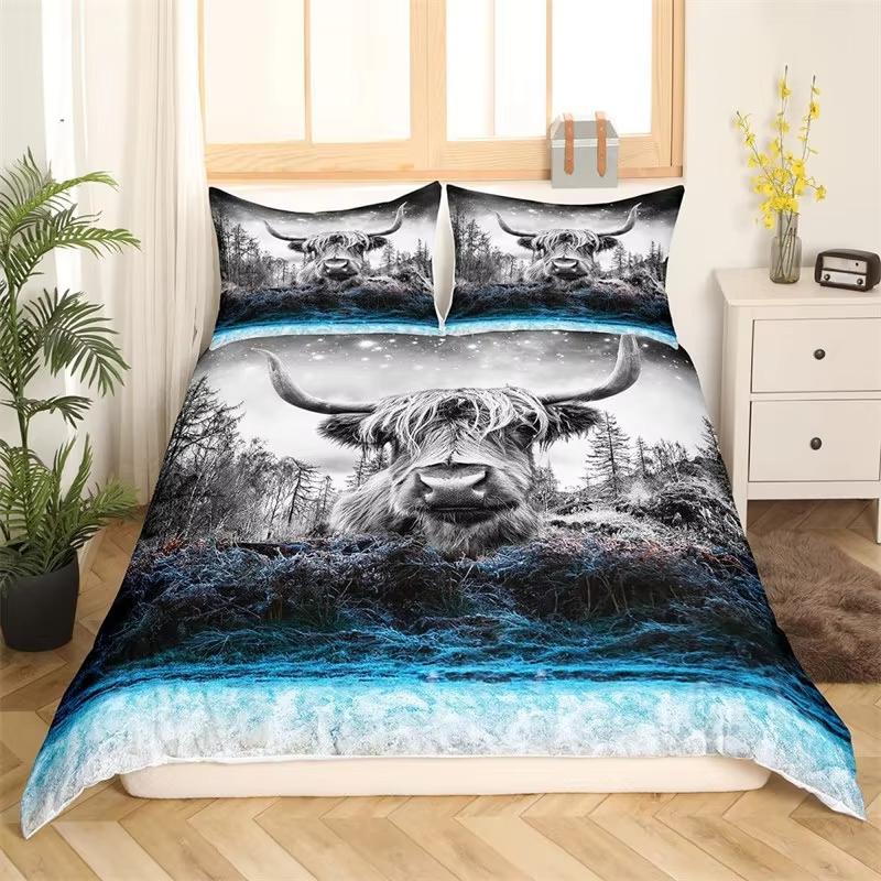Kids Highland Cattle Flower Duvet Cover Set Farm Animal Bull Cow Comforter Cover Microfiber Western Cowboy Twin King Bedding Set