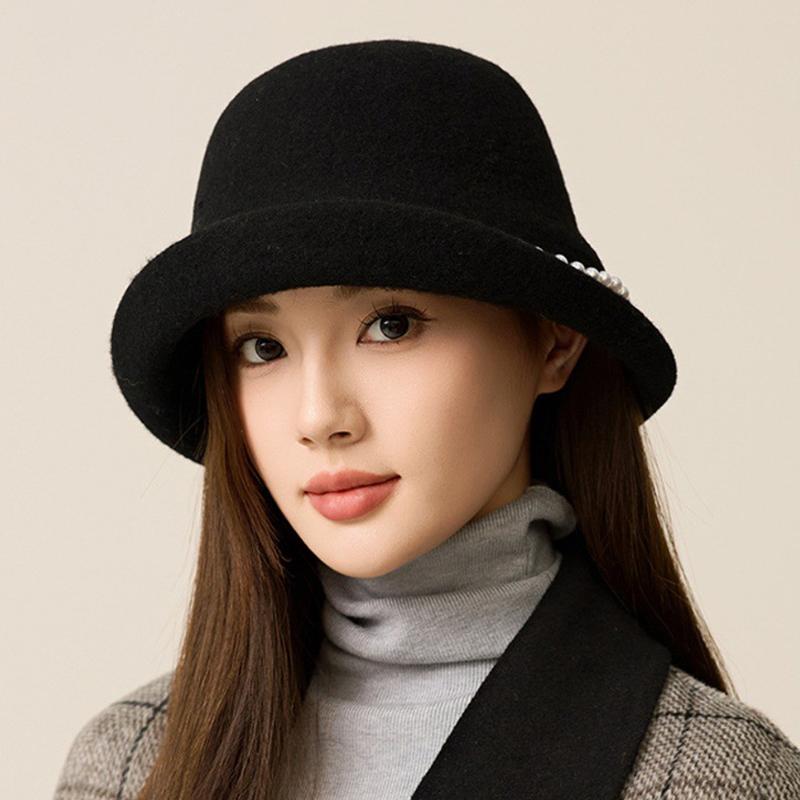 Pearl Wool Top Hat Women's Dome Hat Autumn Winter Warm Bucket Hat