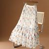New Half Length Skirt with Women's Printed Pleated Skirt Summer Mid To Long Style Versatile Mesh Floral Long Skirt