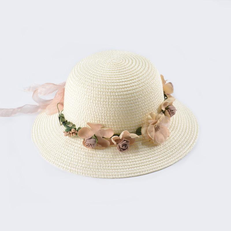 Straw Sun Hat with Decorative Faux Roses, Breathable UV Protection Wide Brim, Comfortable Portable Flat Top Cap