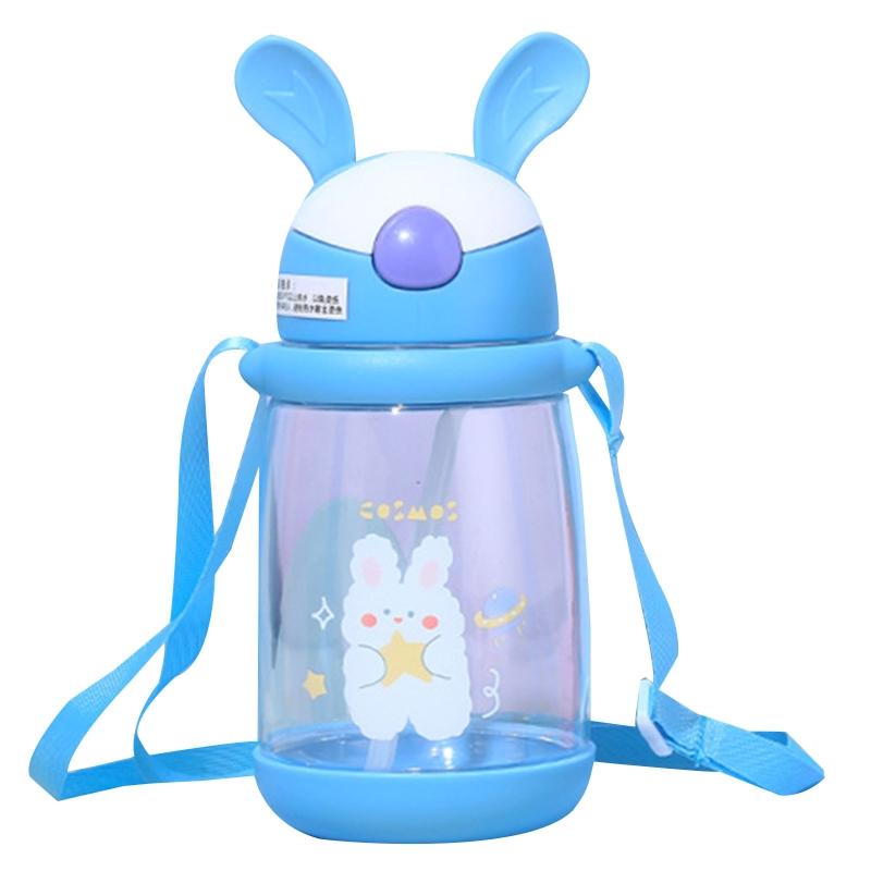 Детская школьная бутылка для питьевой воды с трубочкой, мультяшный кролик, детская кружка с плечевым ремнем, бутылка для воды