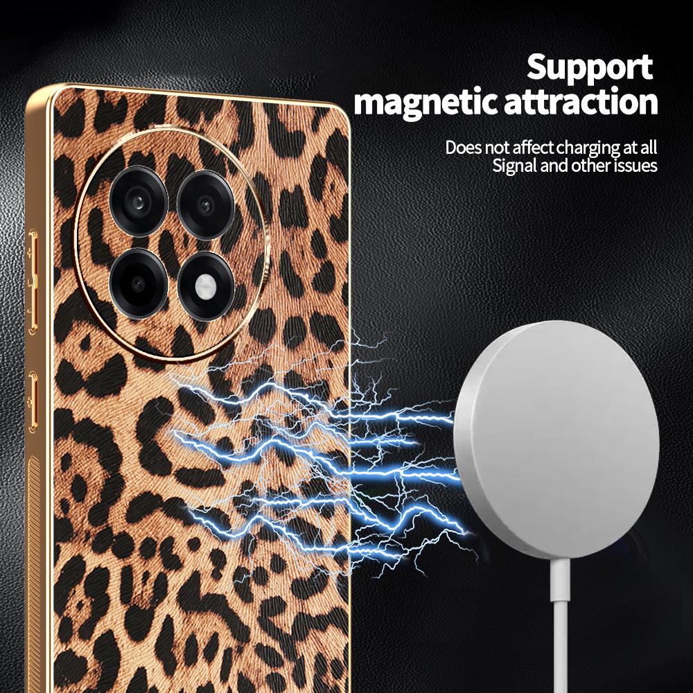 Противоударный чехол для телефона OnePlus ACE5/NORD4 с принтом леопарда и клетчатой кожей