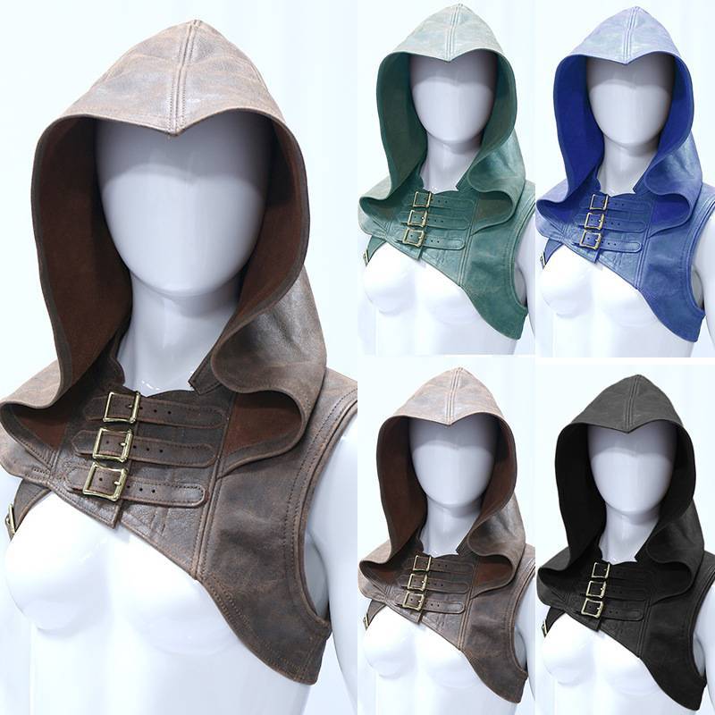Fashion Unisex Cosplay Leather Hooded Vest Vintage Vintage Medieval Hat Solid Color Halloween Sleeveless Vests Plus Size