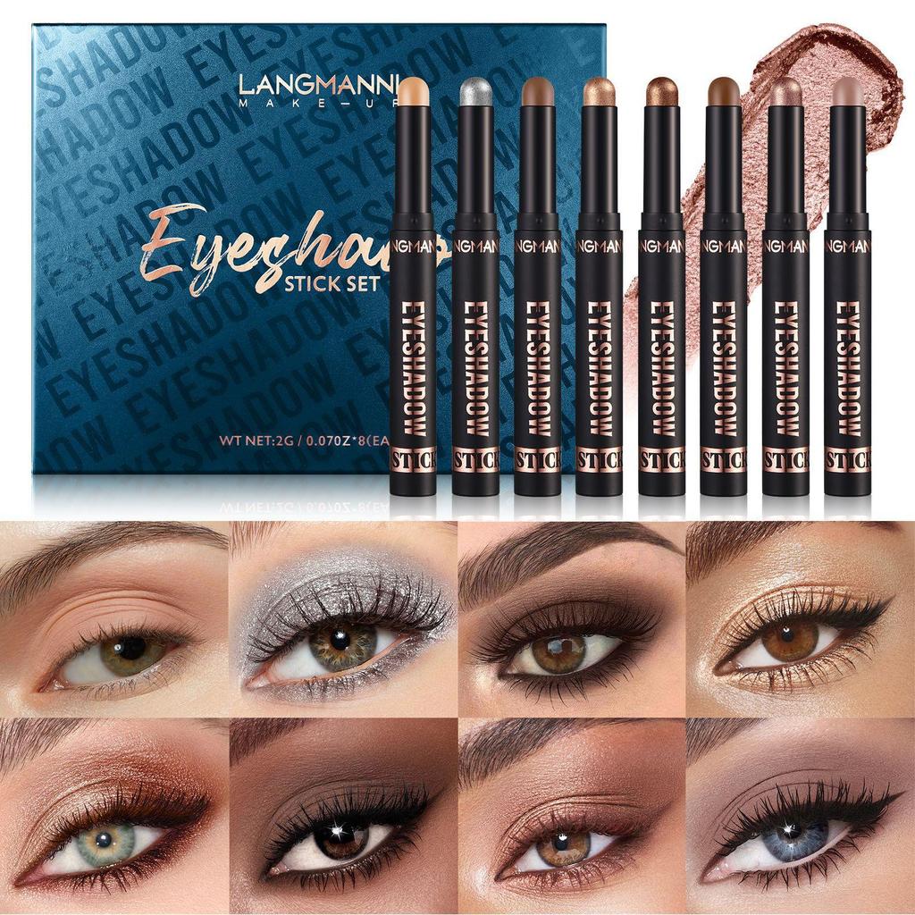 8-цветный набор теней для век 2-в-1 Тени для век Highlight Stick Водонепроницаемая и устойчивая к поту подарочная коробка для макияжа Подходит для ежедневного одевания
