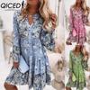 QICED Women Fashion Bohemian Floral Print V Neck Mini Dresses Casual Loose Elegant Ladies Beach Party Flare Sleeve Dress