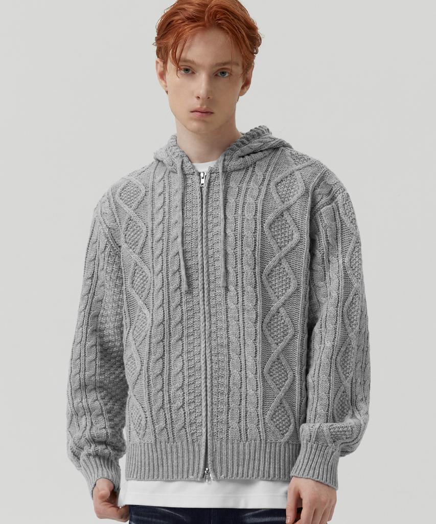TRILLION Washable Aran Cable Hooded Zip-Up Knit (Melange Gray)