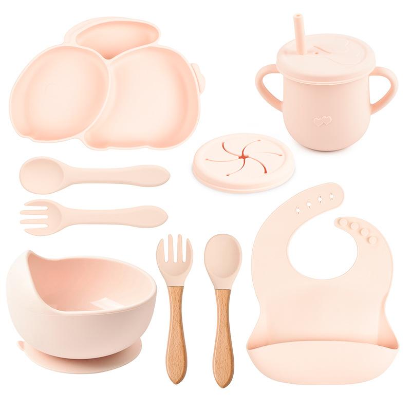 9PCS Rabbit Baby Silicone Tableware Kids Non-slip Sucker Bowl Plate Cup Spoon Fork Sets BPA Free Children's Feeding Dishes Utensils