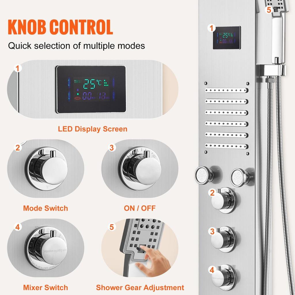 Shower Panel Tower System 6 Modes Hydroelectricity LED Stainless Steel