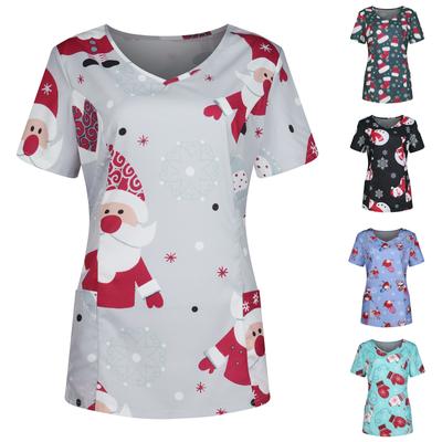 Женская рабочая одежда с короткими рукавами и рождественским принтом с v-образным вырезом и карманной рабочей одеждой