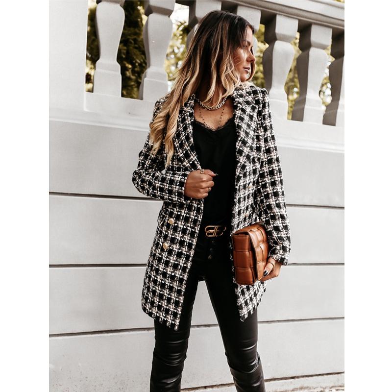 Women's Fashion Plaid Houndstooth Printing Long Jacket Lapel Trench Coat Overcoat Winter Wool Coat Women Abrigos Mujer