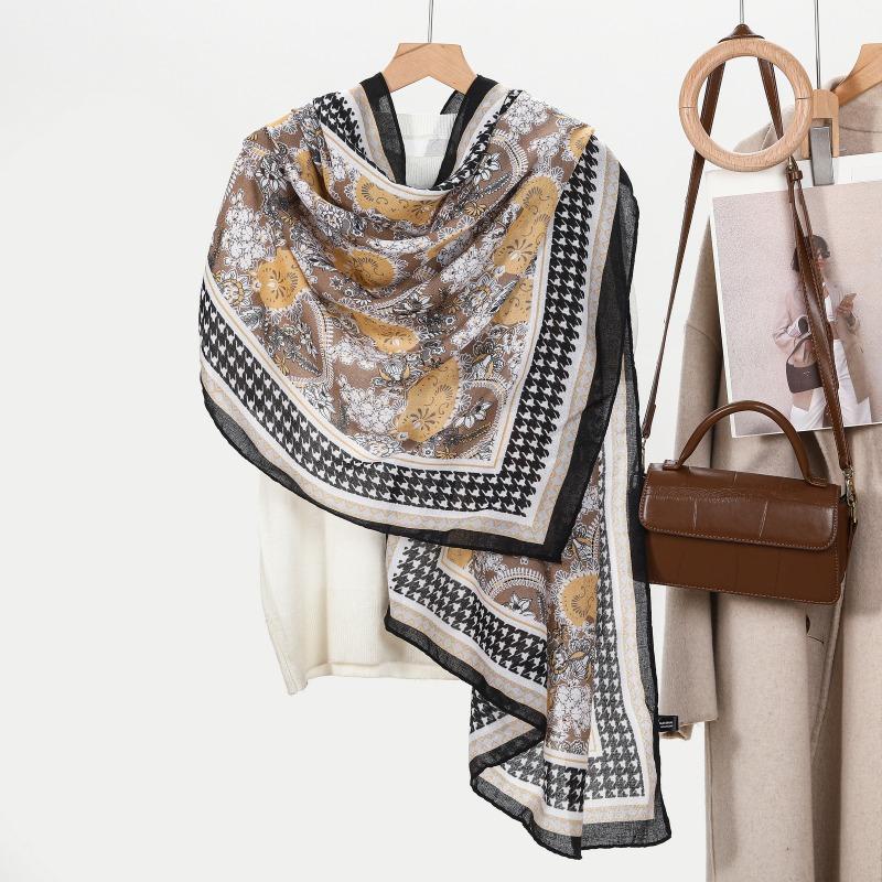 Women's Cotton and Linen Long Scarf Thin Shawl Spring and Autumn Versatile Print Large Size Scarf Beach Towel