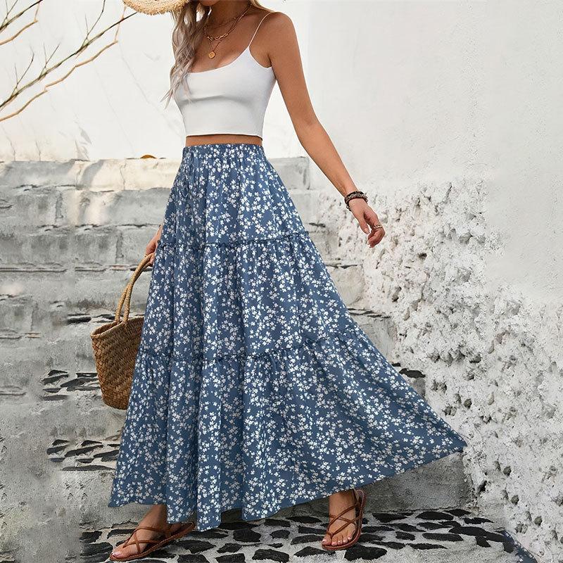 Women's Summer Floral Three-layer Splicing Long A-line Half-body Skirt