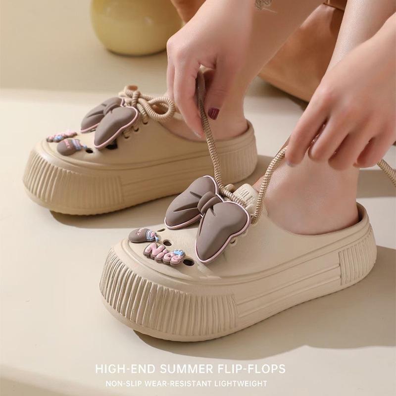 Cute Bow Hollow Slippers for Women, Summer Thick-Soled Platform Slippers, Indoor Outdoor Round Toe Slippers