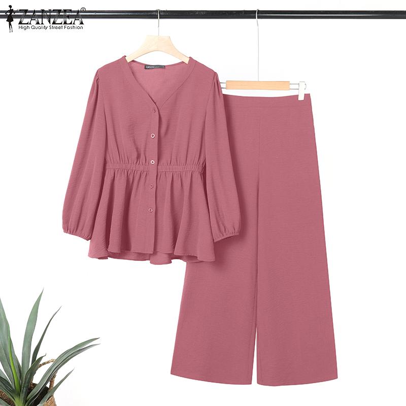 ZANZEA Женский повседневный костюм из двух частей с длинным рукавом и брюками