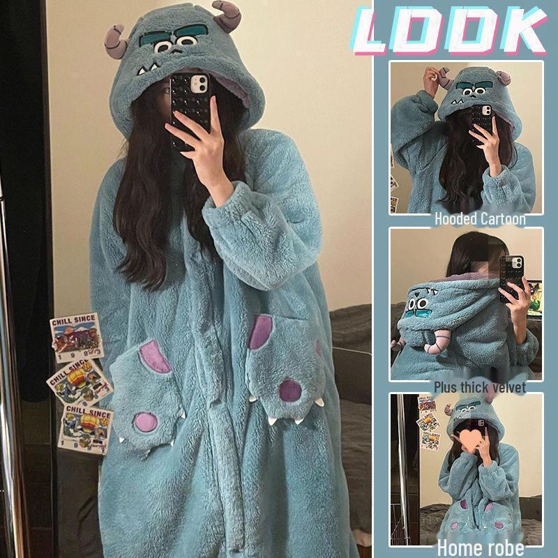 Женский пижамный комплект из кораллового флиса с капюшоном - милая мультяшная ночная рубашка для осени/зимы