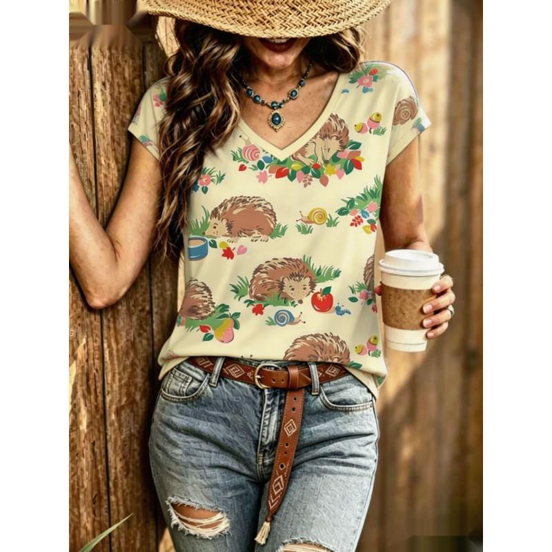 Womens V-Neck Short Sleeve Loose T-Shirt With Colorful Polka Dot Print Casual Oversized Top Daily Wear