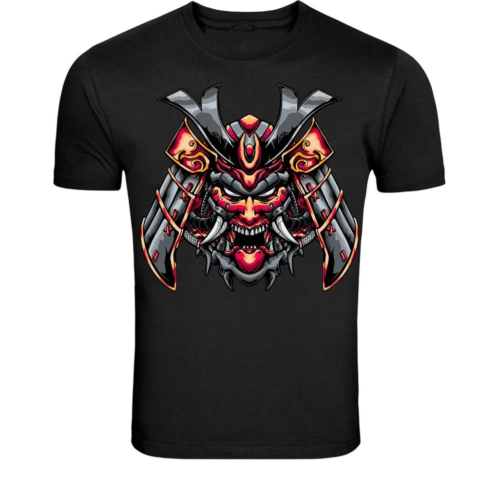 Футболка с неоновой маской самурая-черепа - Графика японского демона-воина